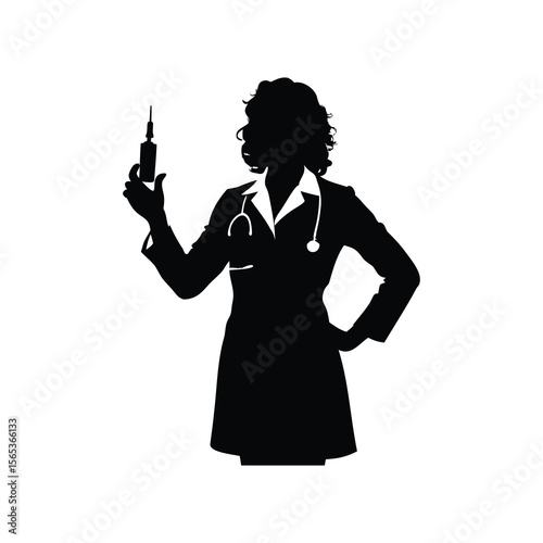 Silhouette of a determined female doctor holding syringe, ready to vaccinate