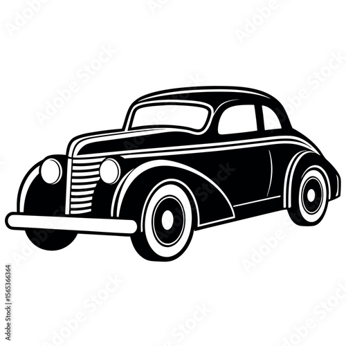 Classic black coupe automobile with chrome accents isolated on white background