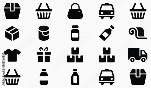 Diverse Iconography of Shopping and Delivery Services Featuring Groceries, Packages, Fashion and Transport Objects Depicted as Black and White Silhouettes