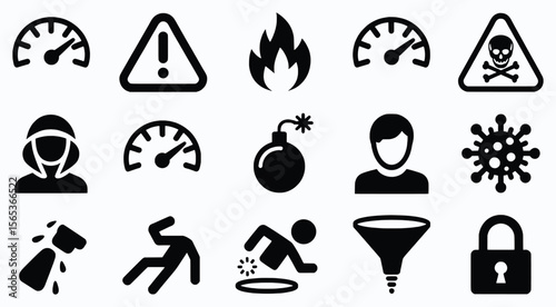 Diverse Safety and Warning Symbols Illustration Representing Hazards, Security, and Health-Related Risks in Various Situations