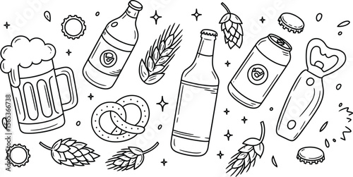 Illustration of beer related items including bottles, can, mug, pretzel and bottle opener design