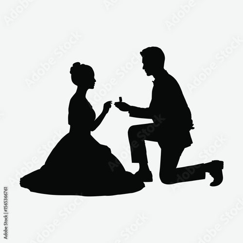 Elegant silhouette of a man proposing to a woman in a vintage dress. Black and white vector perfect for love, romance, engagement, or Valentine’s Day designs.