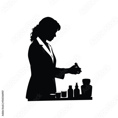 Silhouette of a female scientist or chemist in a lab setting