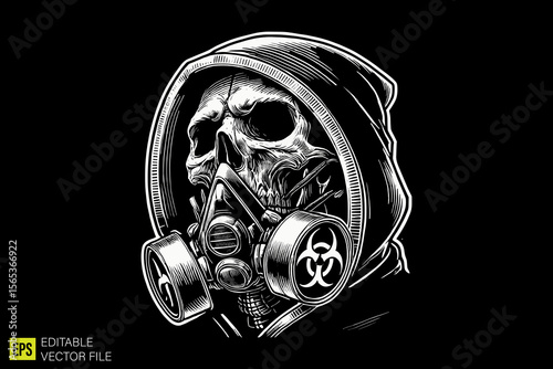 skull with gas mask illustration dark art scary creepy style tattoo vector black and white background templates