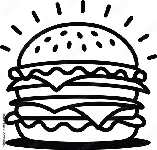 A black and white line drawing of a double cheeseburger with sesame seeds and radiating lines on top bun
