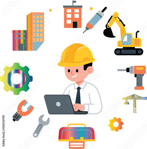 
Engineer at Work with Construction and Building Icons