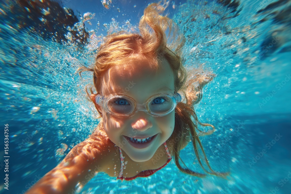 Naklejka premium Girl with goggles swims underwater in a pool smiling at the camera.