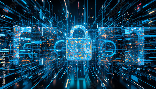 Futuristic glowing padlock symbolizes digital security and data protection on a network with technology design elements.