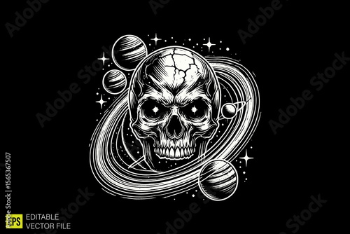 skull head  illustration dark art scary creepy style tattoo vector black and white background templates