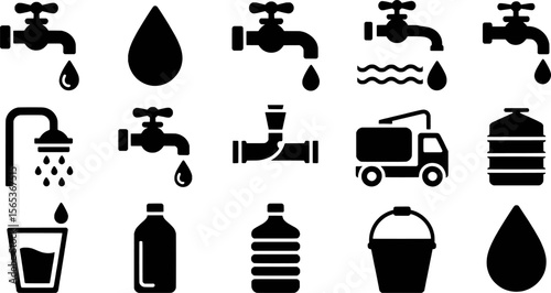 Assorted Water Related Icons Depicting Taps, Drops, Containers and Transport Isolated on White Background Promoting Water Conservation