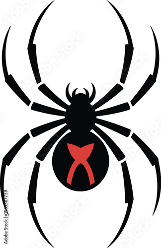 A black spider with a red hourglass on its abdomen against a plain light gray background in a simple style