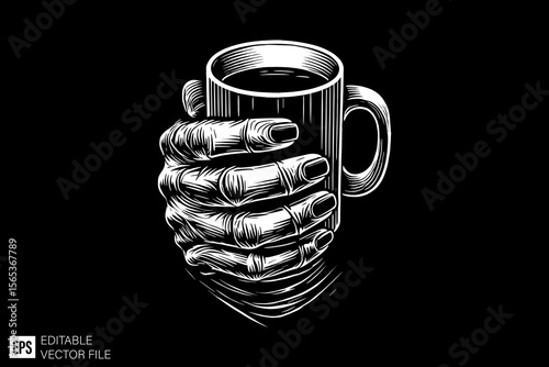 scary hand holding mug coffee  illustration dark art scary creepy style tattoo vector black and white background templates