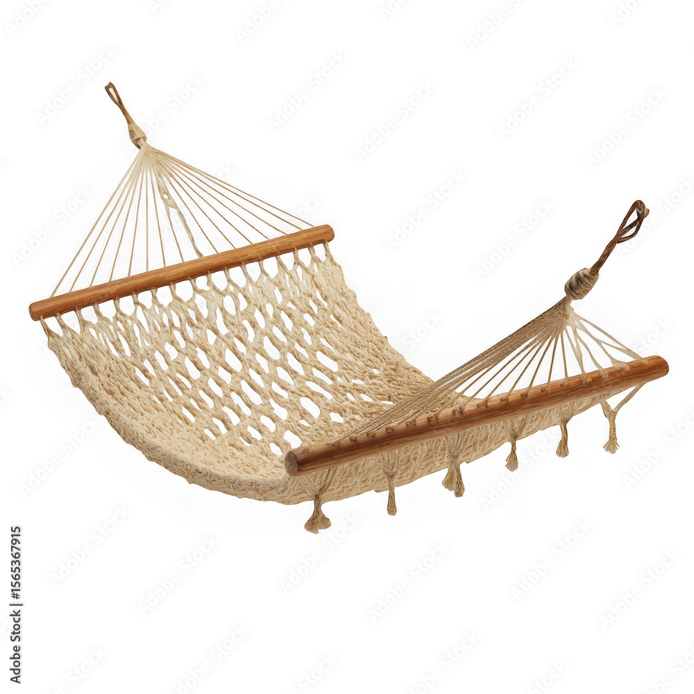 Obraz premium Isolated view of a woven hammock with wooden supports against white background