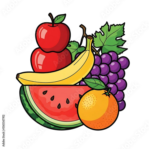 Group of Fresh Healthy Fruits - Vector Illustration, Vibrant Assortment of Fruits - Apple, Banana, Grapes and More, 
Delicious Fruit Collection - Healthy Food Design.