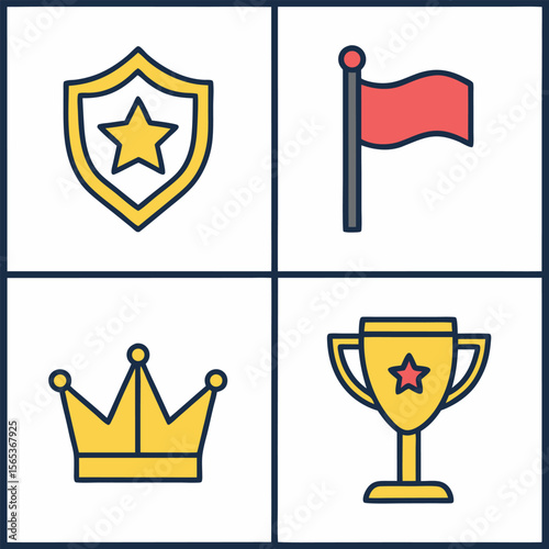 Collection of four award icons including a shield flag crown and trophy isolated on white background