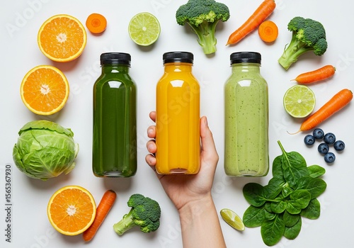Hand Holding Colorful Juice Bottle Mockup with Fresh Fruits and Vegetables