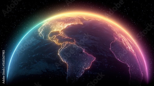 Earth globe with colorful glowing atmosphere in space showing continents.