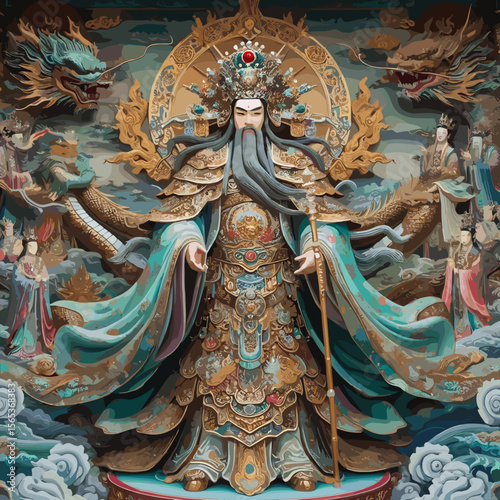 Majestic deified figure adorned in elaborate robes, surrounded by dragons and divine beings