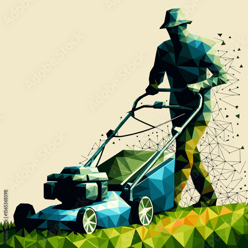 Geometric illustration of a person mowing grass with a lawnmower in a low-poly style