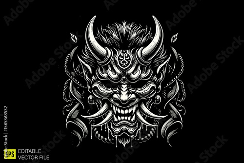 oni mask head illustration dark art scary creepy style tattoo vector black and white background templates