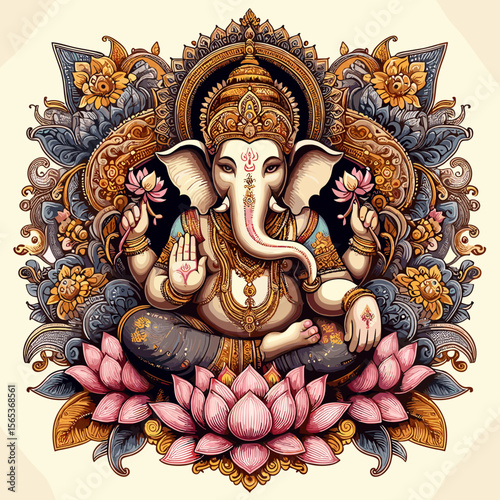 Elegant depiction of Lord Ganesha seated on a lotus flower with intricate patterns and details