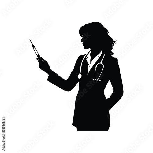 Silhouette of a female doctor with stethoscope holding a syringe in hand