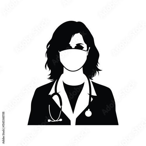 Black and white illustration of a female doctor wearing a face mask