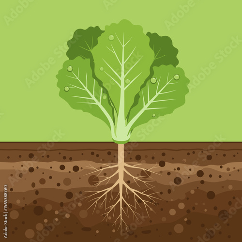 Cross section view of lettuce growing in soil, visible root system, brown layers of earth, green leaves with water drops. Flat vector illustration