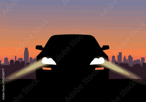 luxury car with headlights on. Flat vector illustration