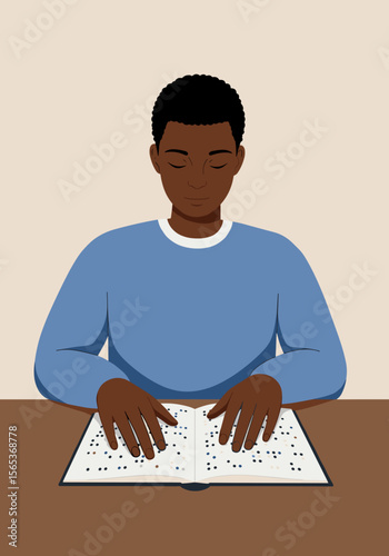 Blind young black man reading braille. Flat vector illustration