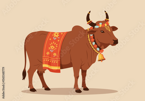 Sacred cow with floral decoration and a bell on its neck. Flat vector illustration