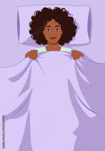 Dark-skinned middle-aged woman with curly hair lies under a blanket, only her head and hands hold the fabric. Flat vector illustration  
