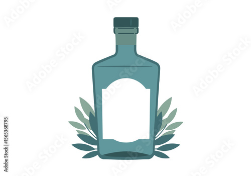Stylized bottle with elegant shape, botanical leaves around the base. Flat vector illustration on transparent background