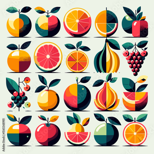 Colorful illustration of various fruits arranged in a grid with vibrant geometric shapes