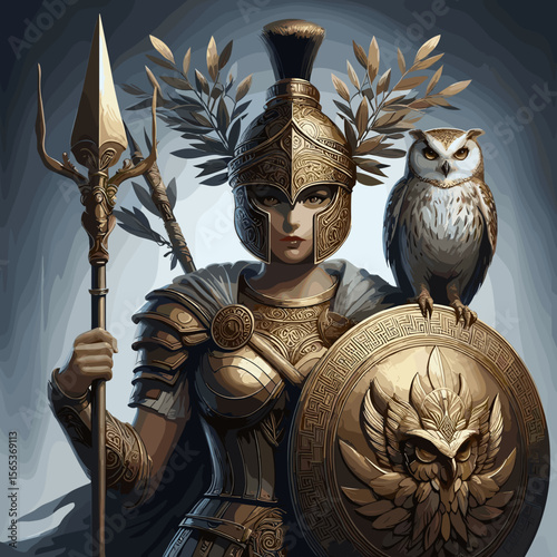 Warrior goddess wearing armor and holding a spear, accompanied by an owl on her shoulder
