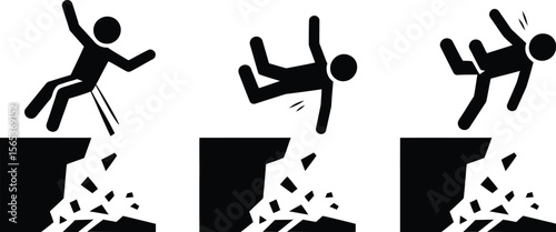Stick figure falling off a cliff in three stages with rock debris in a black and white illustration