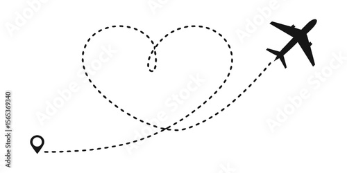 Airplane heart route. Love travel vector illustration with a dotted line flight path for honeymoon, vacation, or valentine's day concepts.