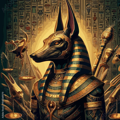Ancient Egyptian god Anubis depicted with a dog head, surrounded by hieroglyphs and artifacts