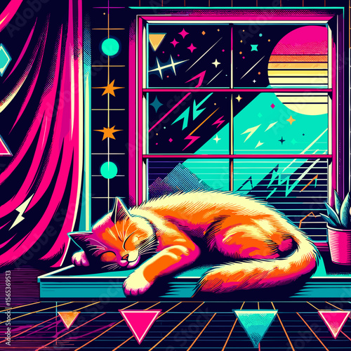 Cozy cat sleeping on a windowsill with a vibrant neon night landscape outside