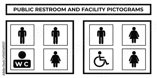 Public Restroom and Facility Pictogram Set. Vector icon collection with man, woman, and disabled signs for universal public space signage.