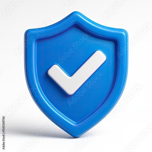 3d blue shield symbol with white tick mark isolated on white background