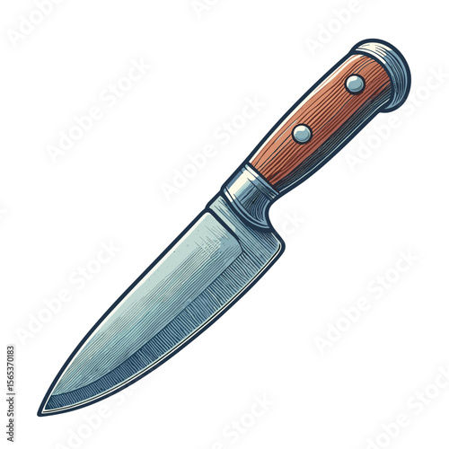 Kitchen knife with wooden handle and stainless steel blade on transparent background  