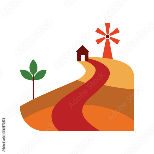  Rural Dirt Road and Windmill Vector Illustration