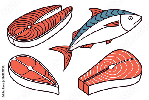Cartoon Sliced Fish Meat Red Fish Pieces Illustration