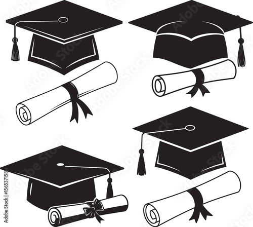 Graduation cap and certificate silhouette vector illustration