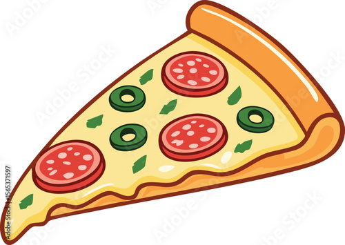 A single slice of pizza with pepperoni, green peppers, and basil, presented on a white background.
