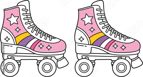 Illustration of two pink roller skates with stars and colorful stripes on a white background