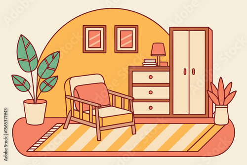 Colorful Cozy Retro Mid-Century Modern Bedroom Interior