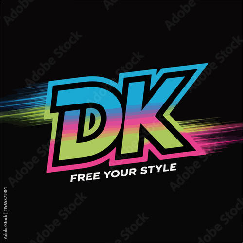 Bold dk logo with vibrant neon gradient and brush stroke accents on black background