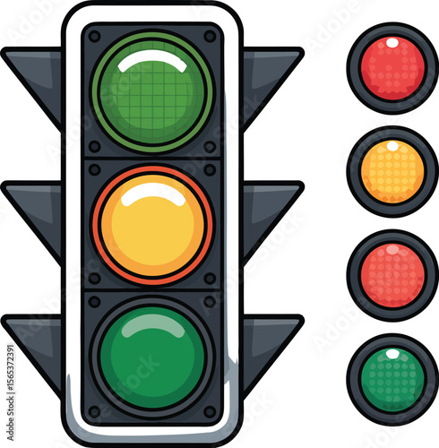 Illustration of a traffic light with green yellow and red lights and additional single lights beside it